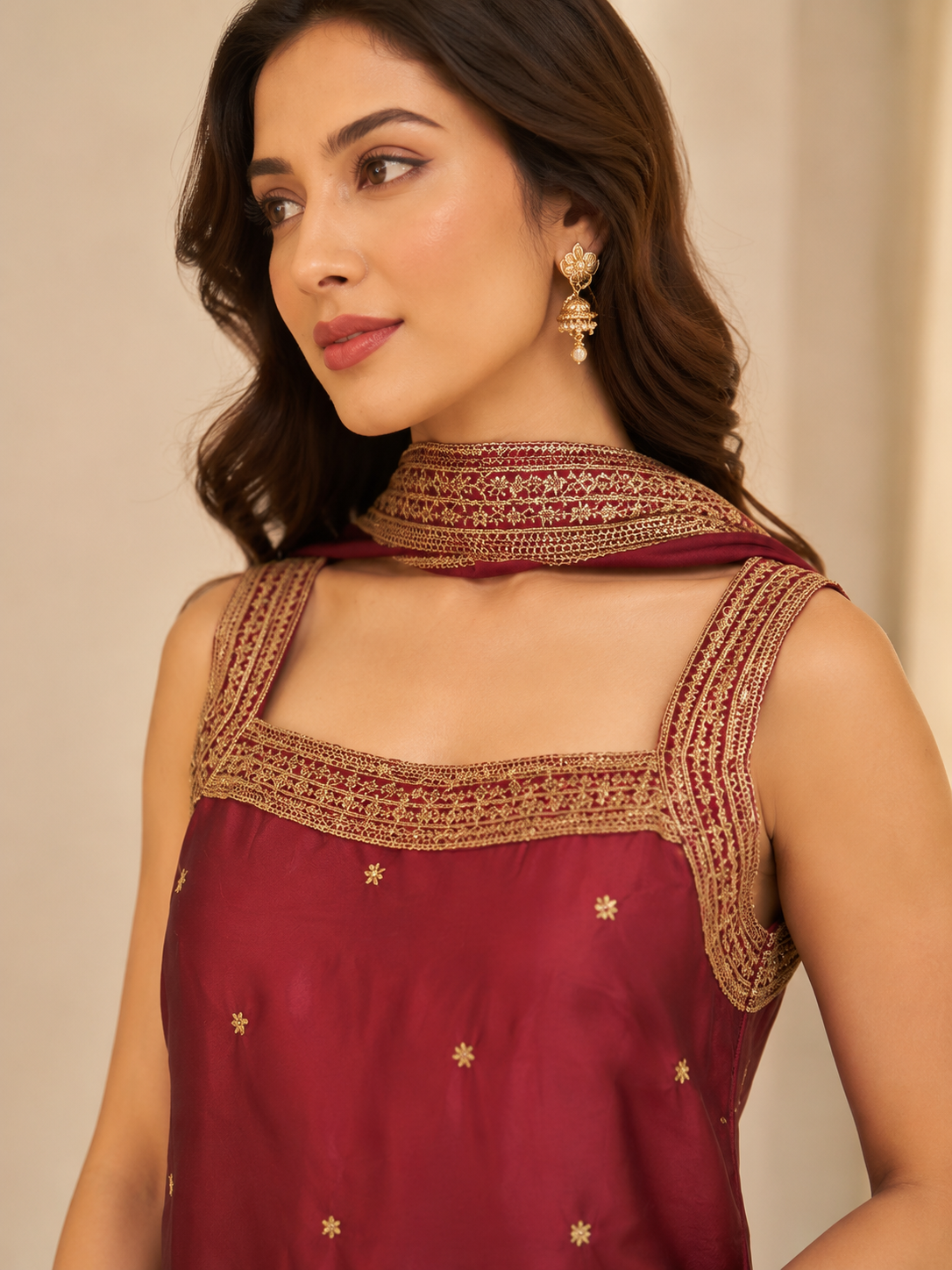 Women's Maroon Gold-Embroidered Kurti and Sharara Pants Set with Dupatta — Sharara Set — view 2 | Lehar Clothing UAE