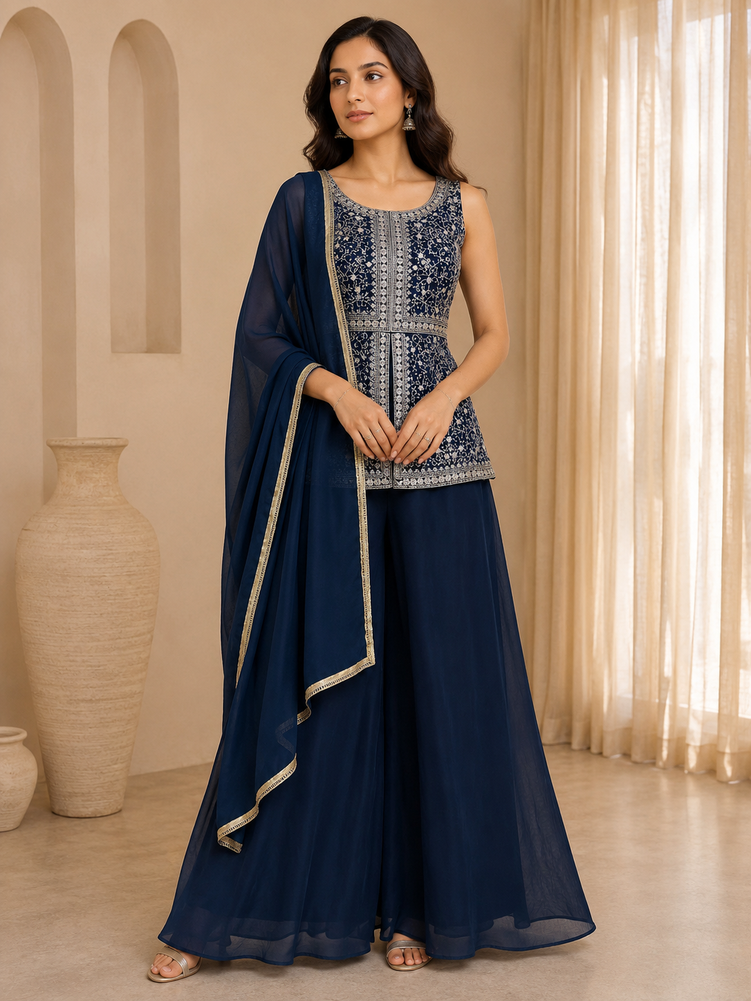 Blue Sleeveless Scoop Neck Short Kurti and Plain Sharara Suit 3-Piece Set — Sharara Set | Lehar Clothing UAE
