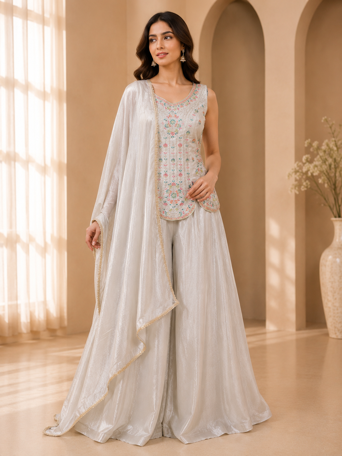 Light Grey Sleeveless Floral Embroidered Short Top with Flared Sharara & Dupatta Set — Sharara Set | Lehar Clothing UAE