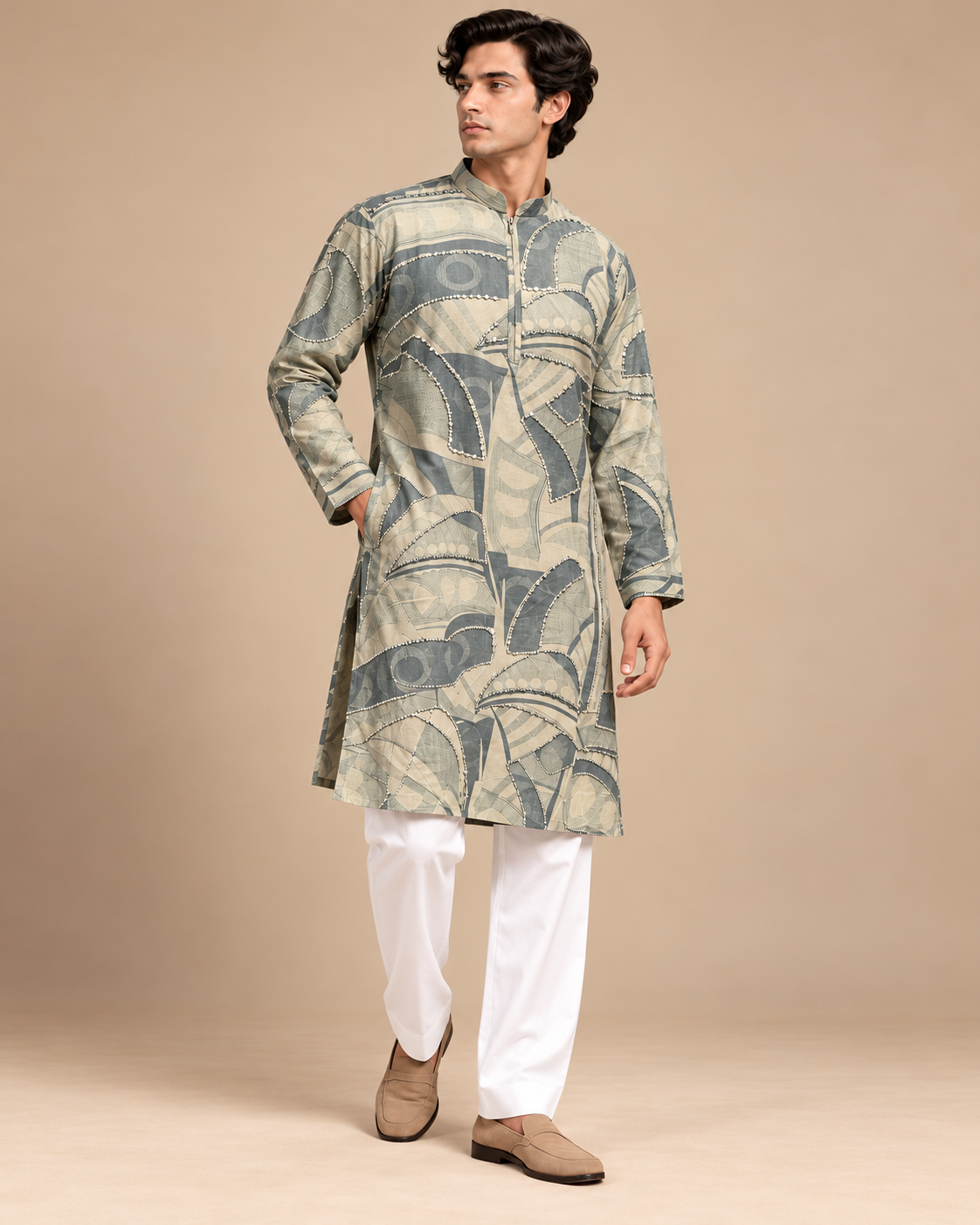 Men's Sage Green & Beige Abstract Print Kurta Set with Embellished Detailing and White Pants — Kurta Sets — view 3 | Lehar Clothing UAE