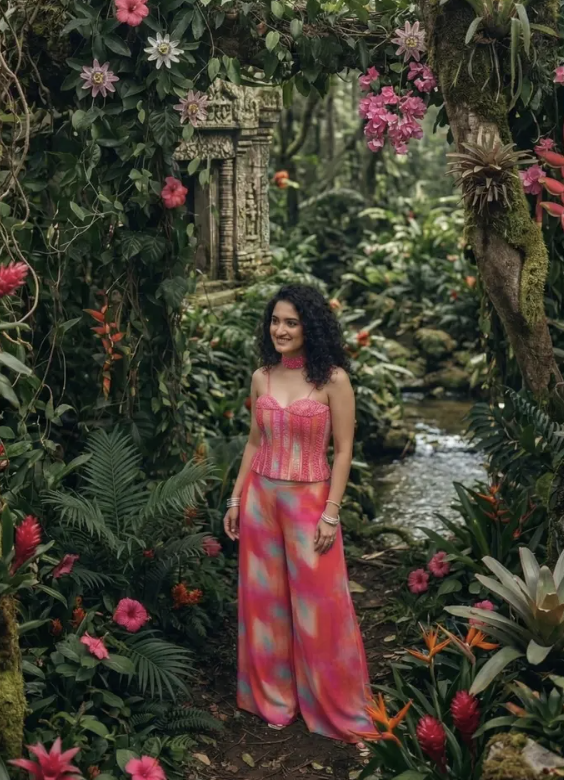 Hand-embellished pink sequin corset with high-waisted tie-dye palazzos — Palazzo Sets — view 2 | Lehar Clothing UAE