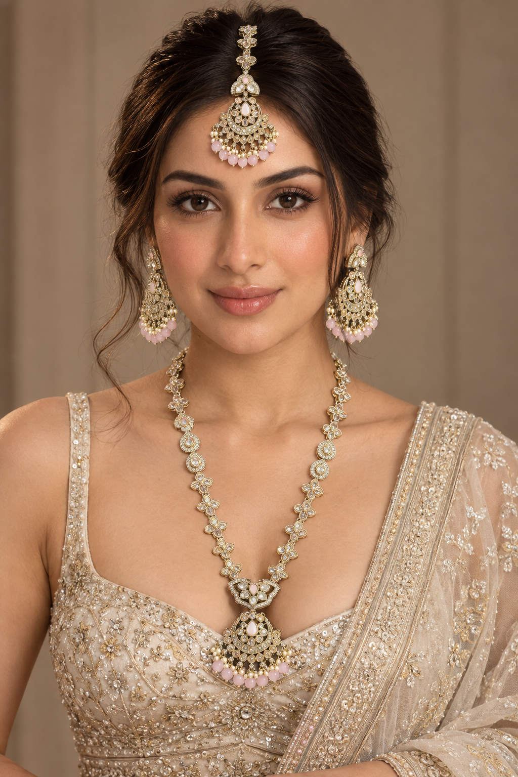 Pastel Pink Long Kundan Necklace Set with Earrings & Maang Tikka – Indian Bridal Rani Haar Jewelry — Jewellery — view 2 | Lehar Clothing UAE