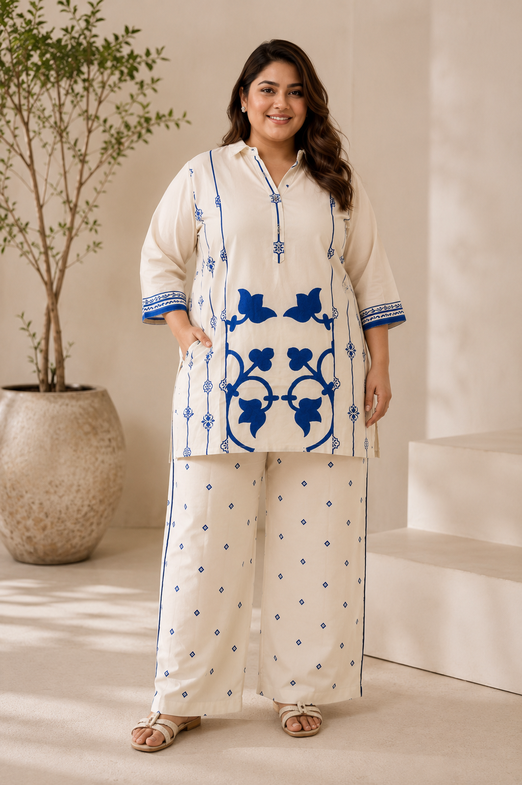 Women's Off-White & Royal Blue Printed Cotton Blend Co-Ord Set — Co-ord Set — view 2 | Lehar Clothing UAE
