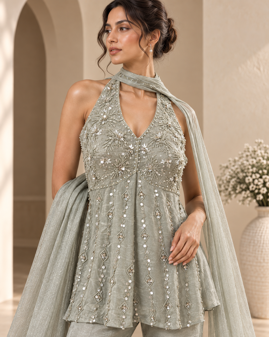 Sage Green Embroidered Halter Kurta with Flared Sharara & Dupatta Set — Sharara Set — view 2 | Lehar Clothing UAE