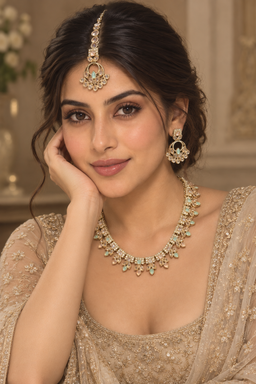 Mint & Peach Pastel Kundan Necklace Set with Chandbali Earrings & Maang Tikka - Indian Bridal Jewelry — Jewellery | Lehar Clothing UAE