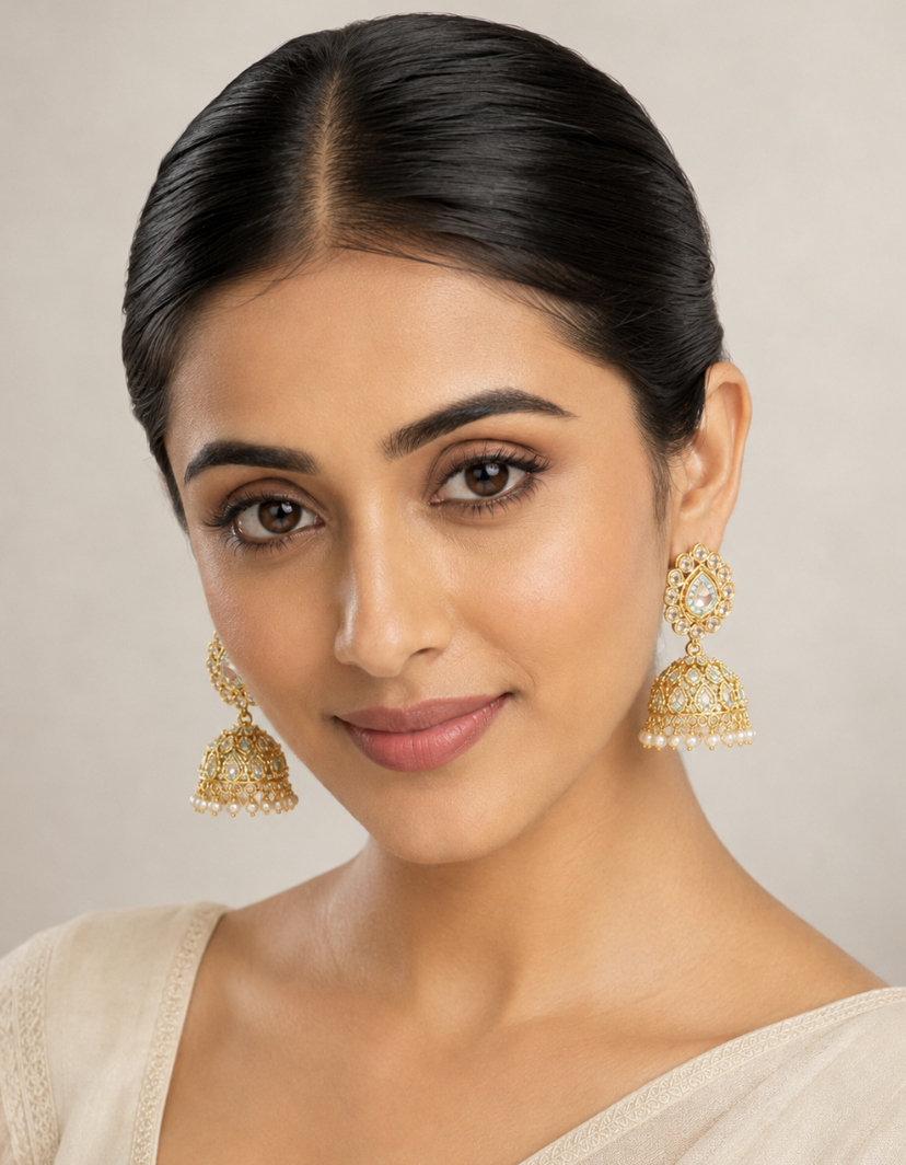 Imitation Gold-Tone Kundan Jhumka Earrings with Polki Stones & Pearl Drops — Jewellery — view 3 | Lehar Clothing UAE