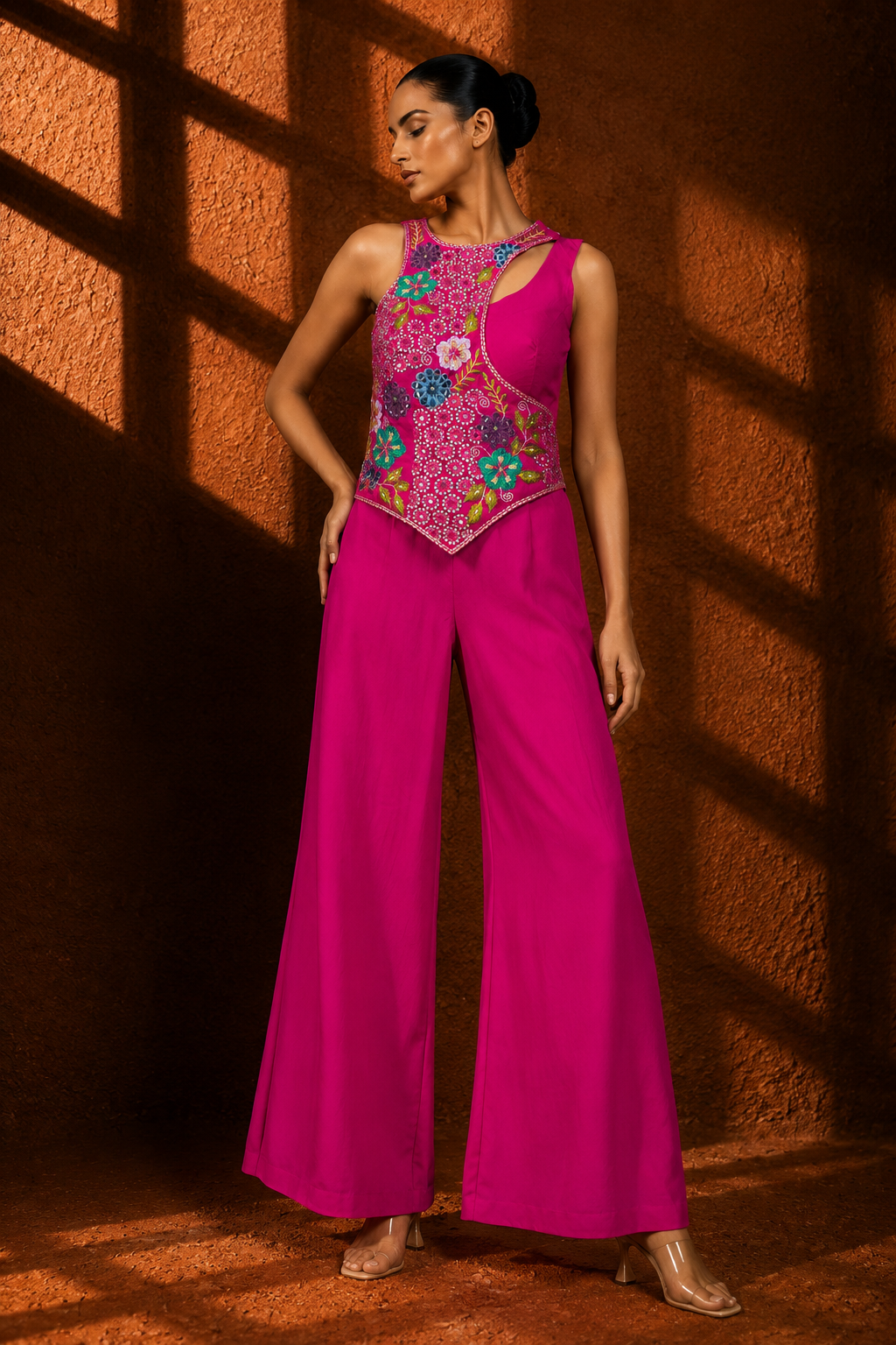 Fuchsia Pink Sleeveless Floral Embroidered Palazzo Set — Palazzo Sets — view 2 | Lehar Clothing UAE