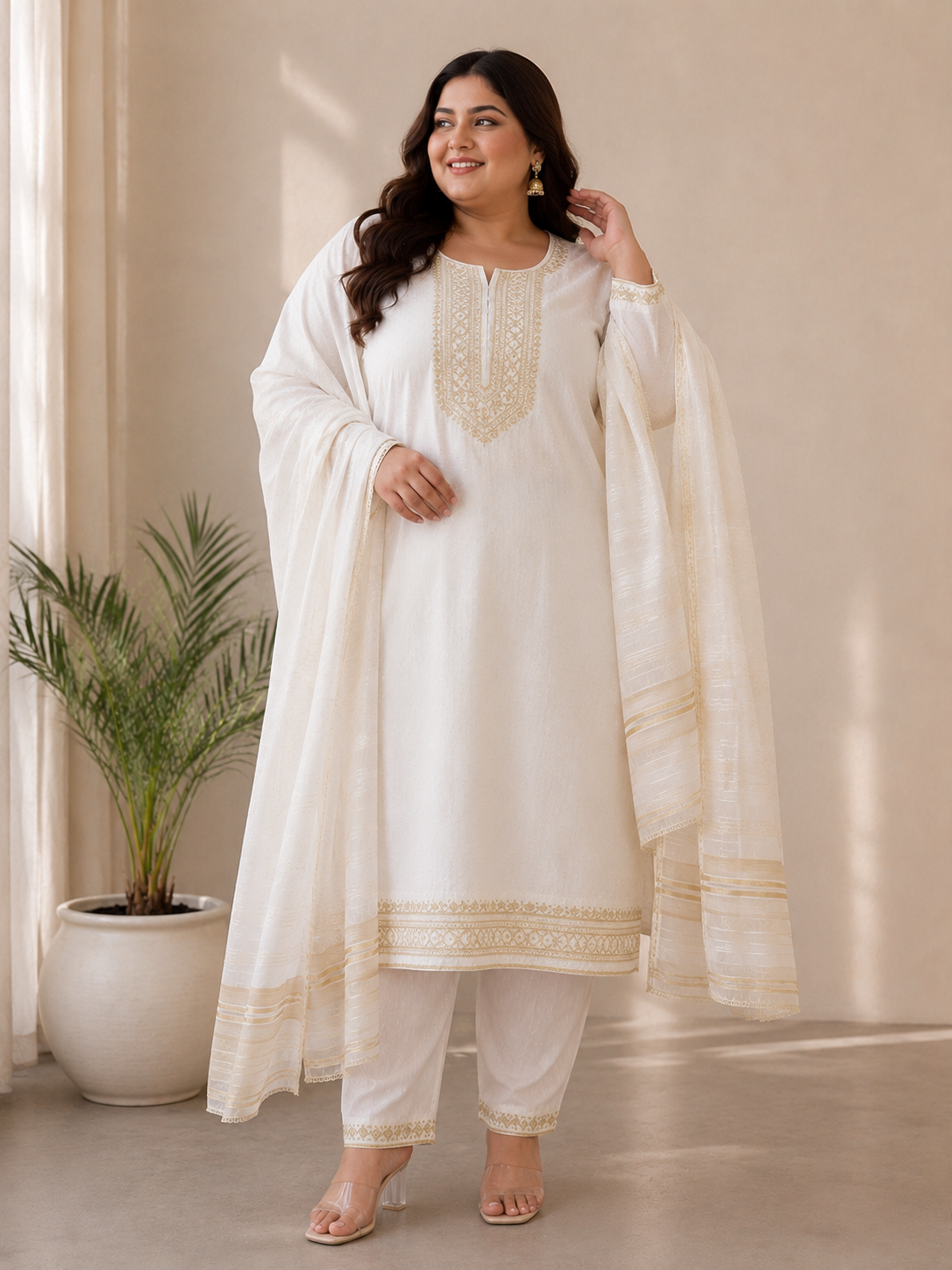 Elegant Ivory Embroidered Kurta, Salwar & Striped Woven Dupatta Set — Kurta Sets — view 2 | Lehar Clothing UAE