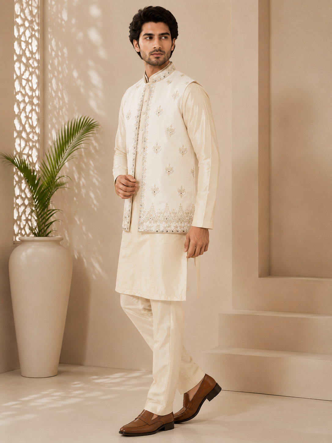 Cream Embroidered Nehru Jacket with Kurta & Trousers — Kurta Sets | Lehar Clothing UAE