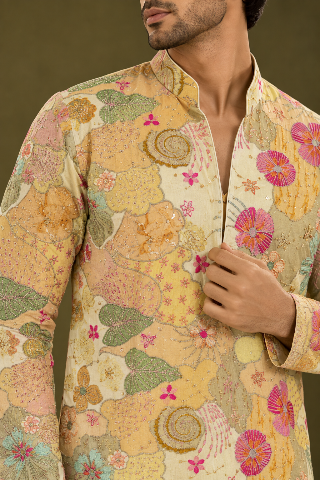 Men’s Pastel Yellow Floral Embroidered Kurta with Straight-Fit White Pants — Kurta Sets — view 2 | Lehar Clothing UAE