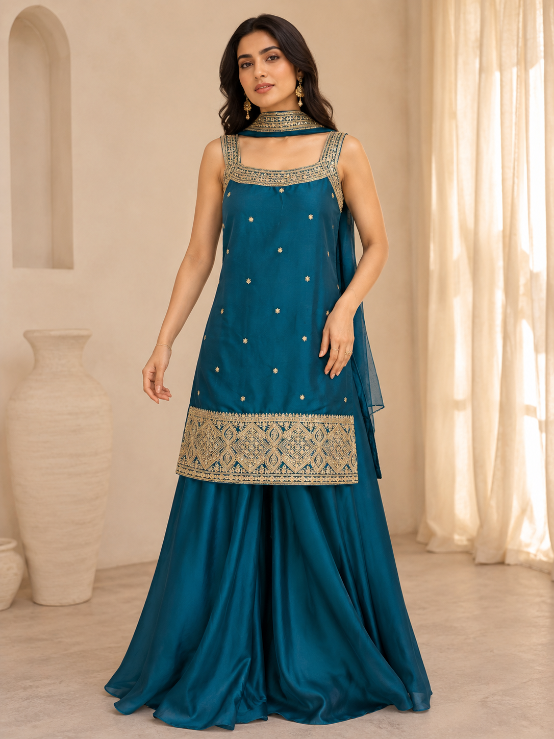 Women's Green Gold-Embroidered Kurti and Sharara Pants Set with Dupatta — Sharara Set | Lehar Clothing UAE