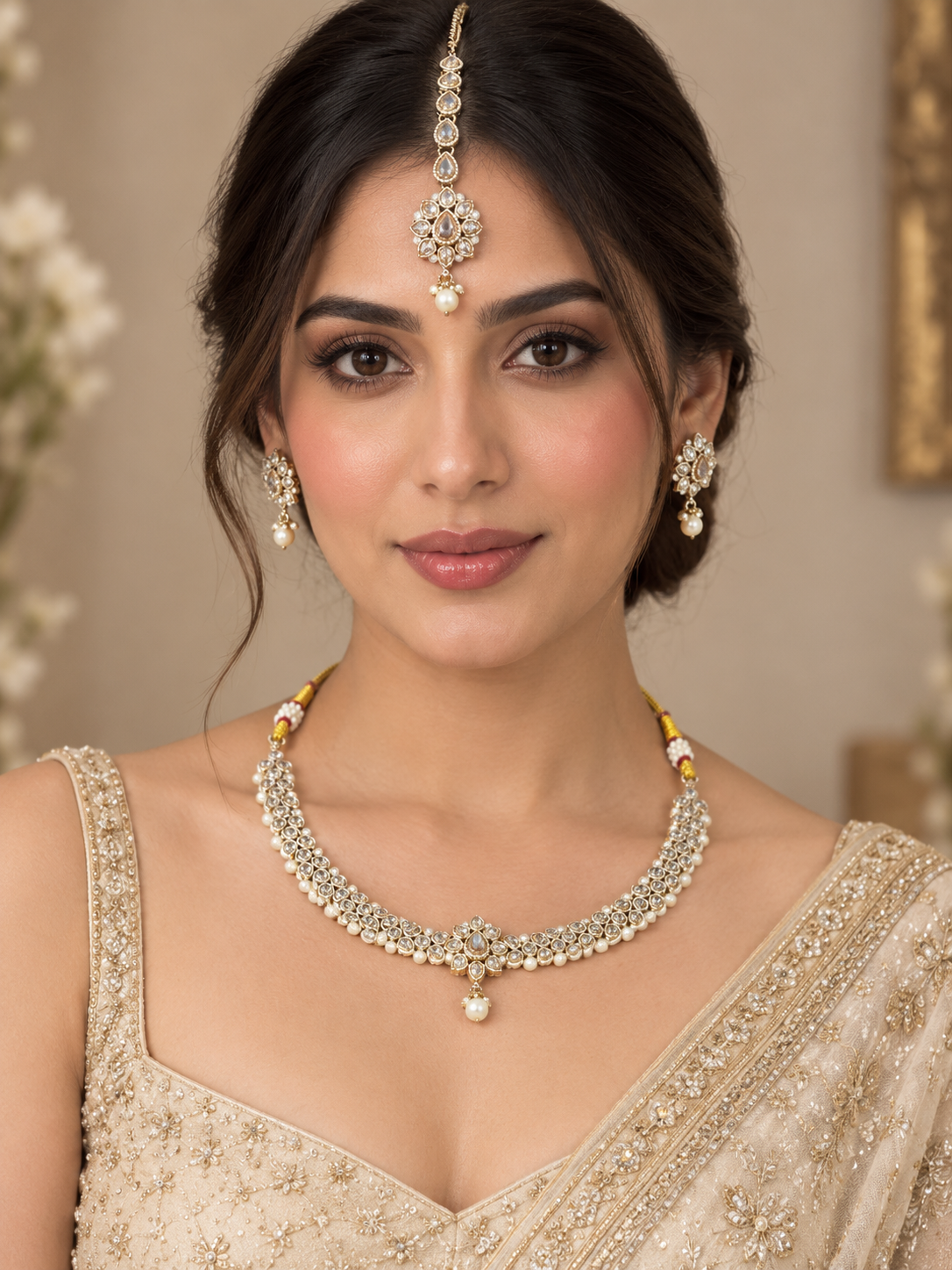 White Kundan & Pearl Choker Set with Earrings & Maang Tikka - Indian Bridal Jewelry — Jewellery | Lehar Clothing UAE