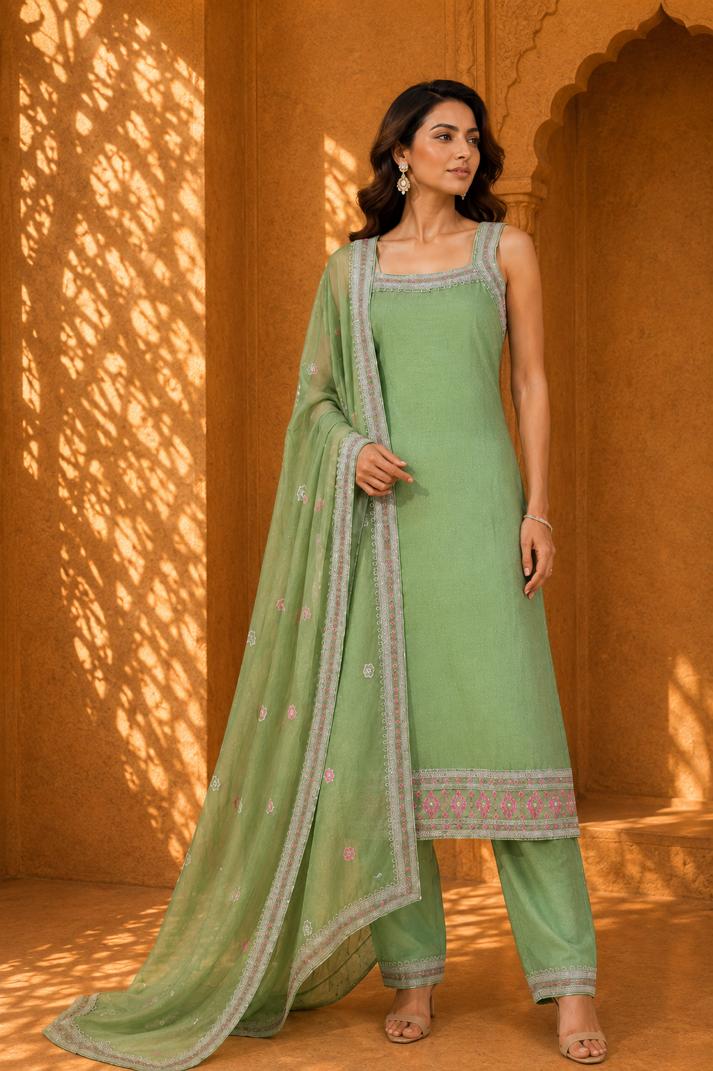 Sage Green Square-Neck Embellished Straight Kurti with Matching Trousers and Bordered Dupatta — Kurta Sets | Lehar Clothing UAE
