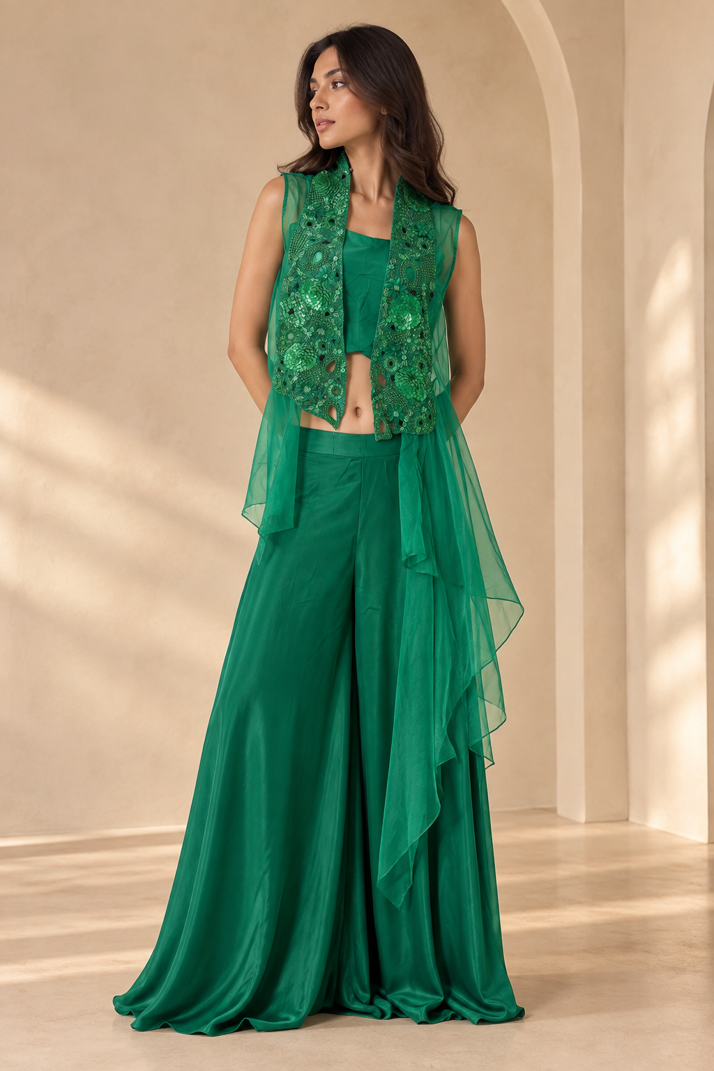 Emerald Green Embroidered Cape Jacket with Crop Top & Wide-Leg Palazzo Pants Indo-Western Set — Palazzo Sets | Lehar Clothing UAE