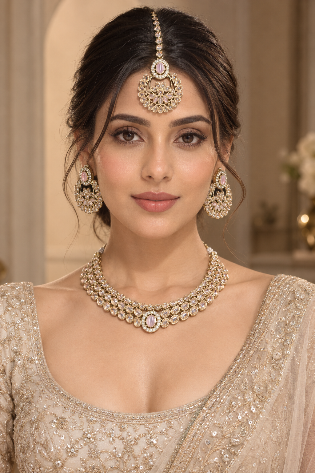 Blush Pink Kundan Layered Choker Set with Chandbali & Tikka – Indian Bridal Jewelry — Jewellery | Lehar Clothing UAE