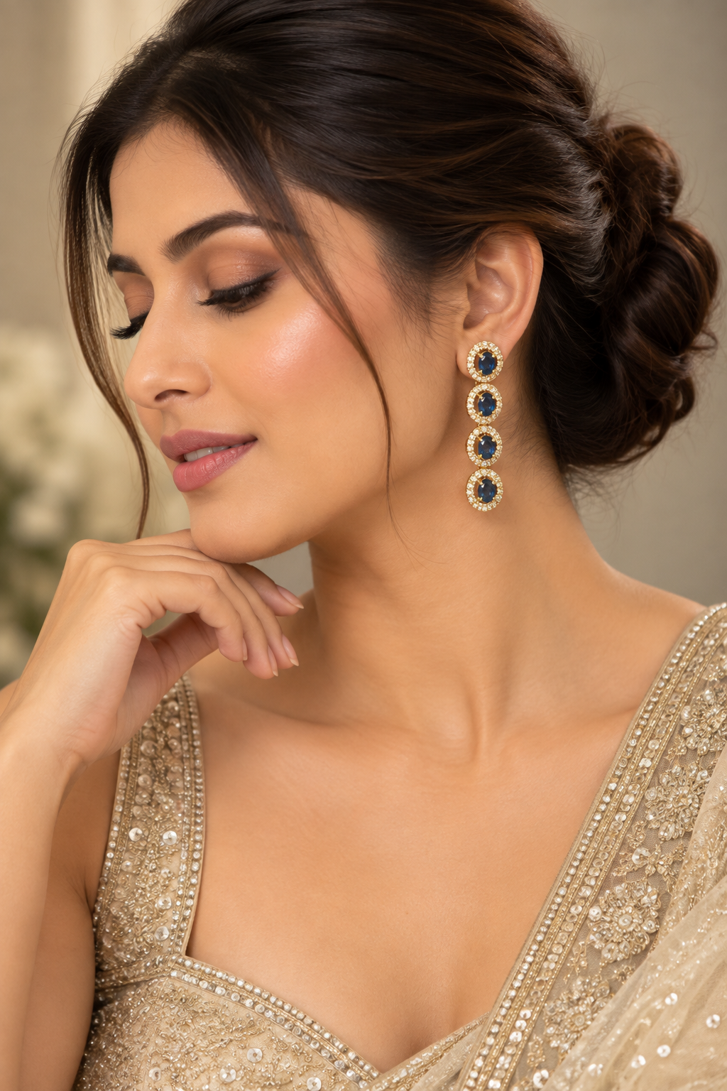 Silver-Tone Mint Green Stone Necklace Set with Jhumka Earrings & Maang Tikka – Indian Bridal Jewelry — Jewellery — view 2 | Lehar Clothing UAE