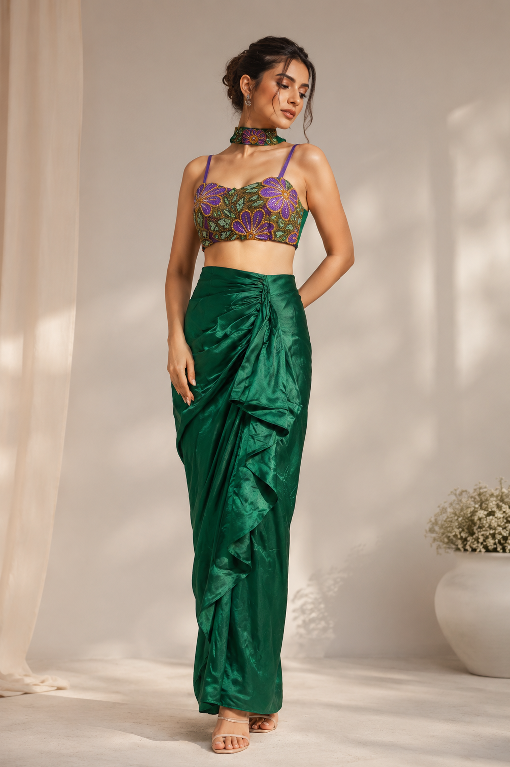 Emerald Bloom Embellished Drape Co-Ord Set — Fusion wear | Lehar Clothing UAE