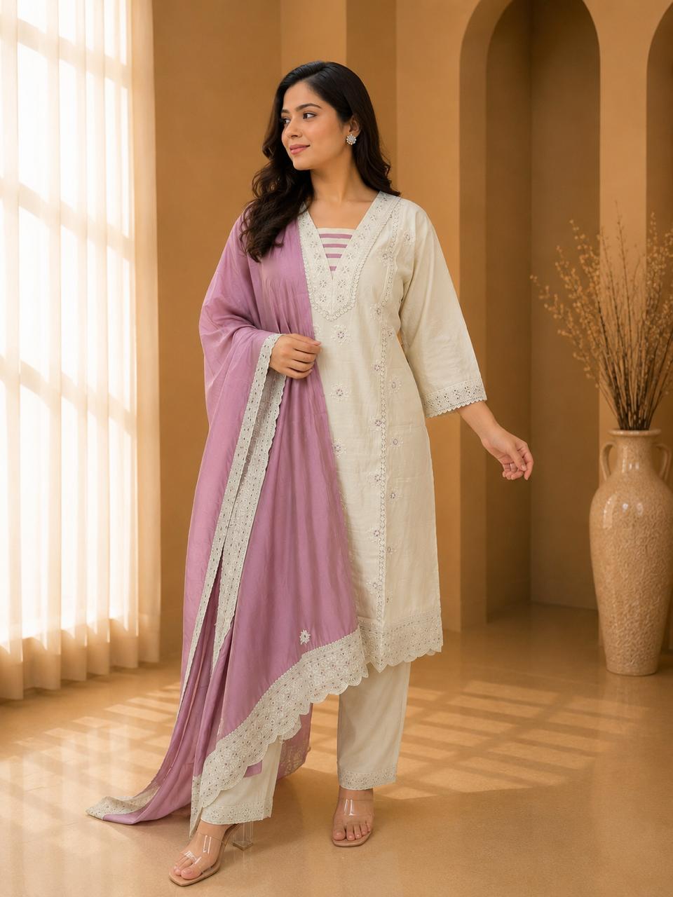 Women's Ivory White Embroidered Straight Kurta with Pants and Pink Dupatta Set — Kurta Sets - Plus Size | Lehar Clothing UAE