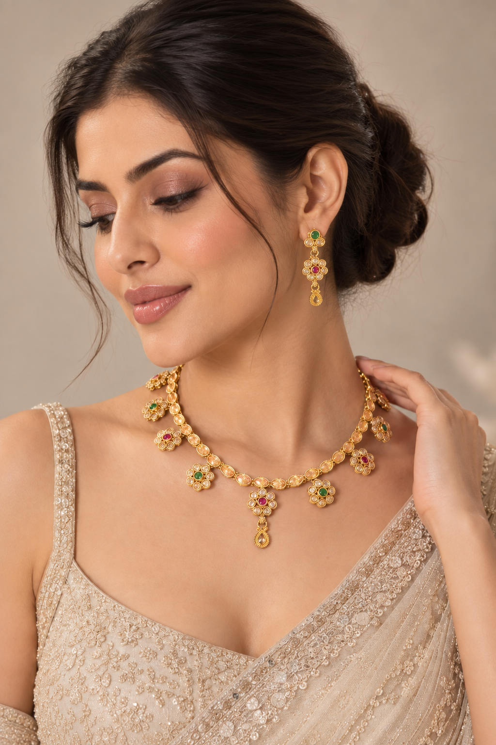 Kundan Flower Charm Necklace Set – Gold-Tone Indian Festive Jewelry — Jewellery | Lehar Clothing UAE