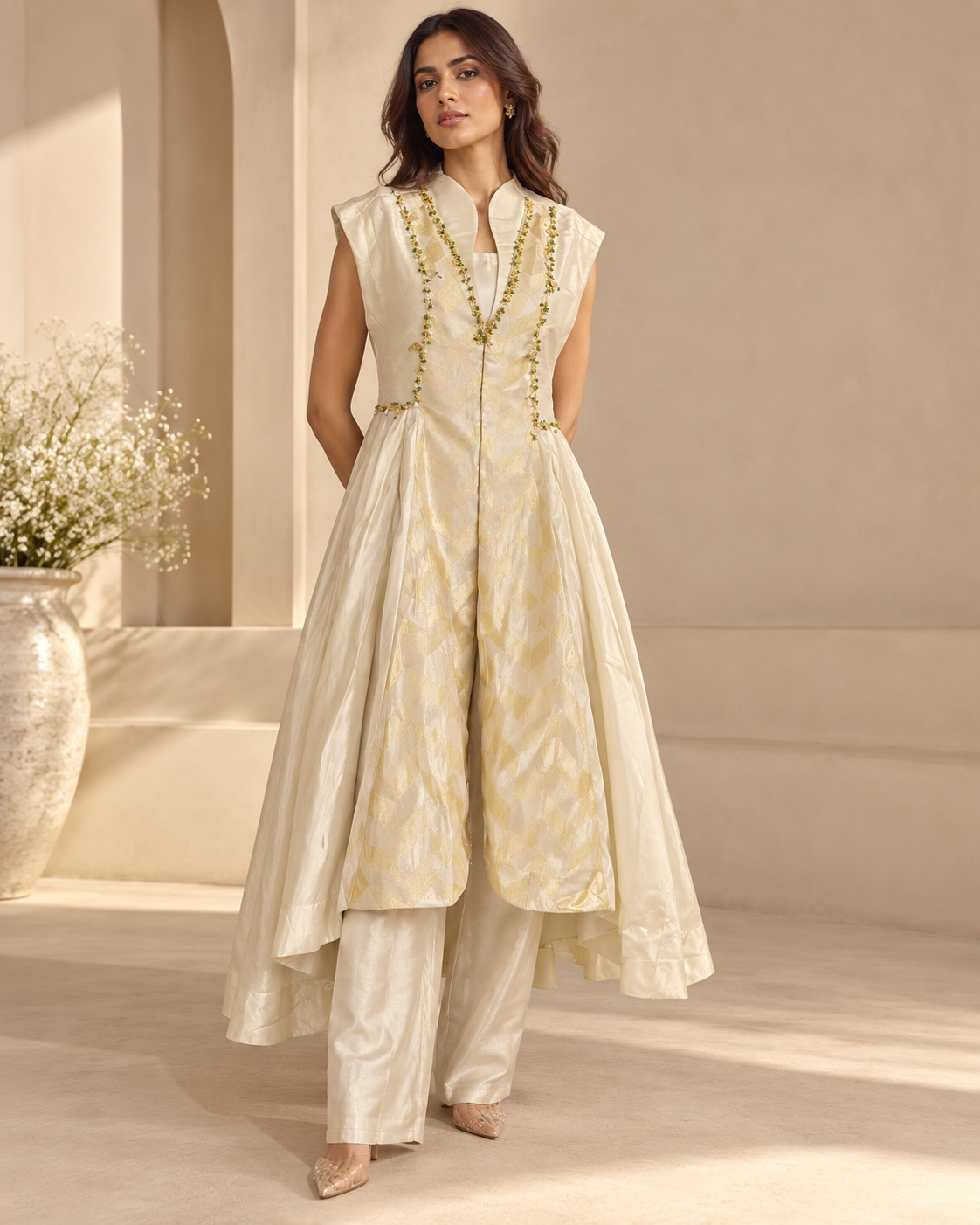 Women's Ivory Embroidered Layered Anarkali Jacket Set with Bustier & Straight Pants — Palazzo Sets | Lehar Clothing UAE